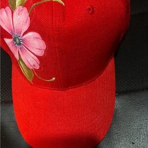 Vibrant Red Women's Hat with Pink Floral Design